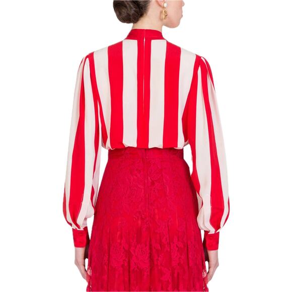 NWT Dolce & Gabbana Red White Striped Silk Crepe De Chine Blouse IT 42 M - Picture 3 of 11
